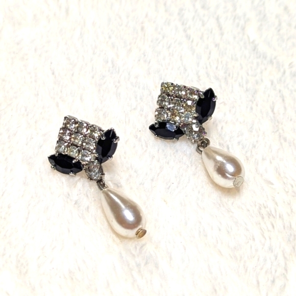 Vintage Black & Clear Rhinestone Faux Pearl Drop Pierced Earrings - Picture 5 of 7